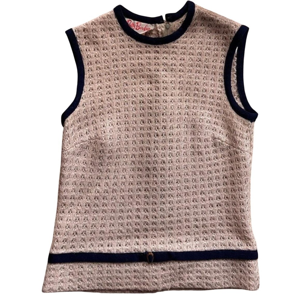 Vintage Betty Barclay Wool Shell Top Beige Navy Blue Pointelle Sleeveless Size 9